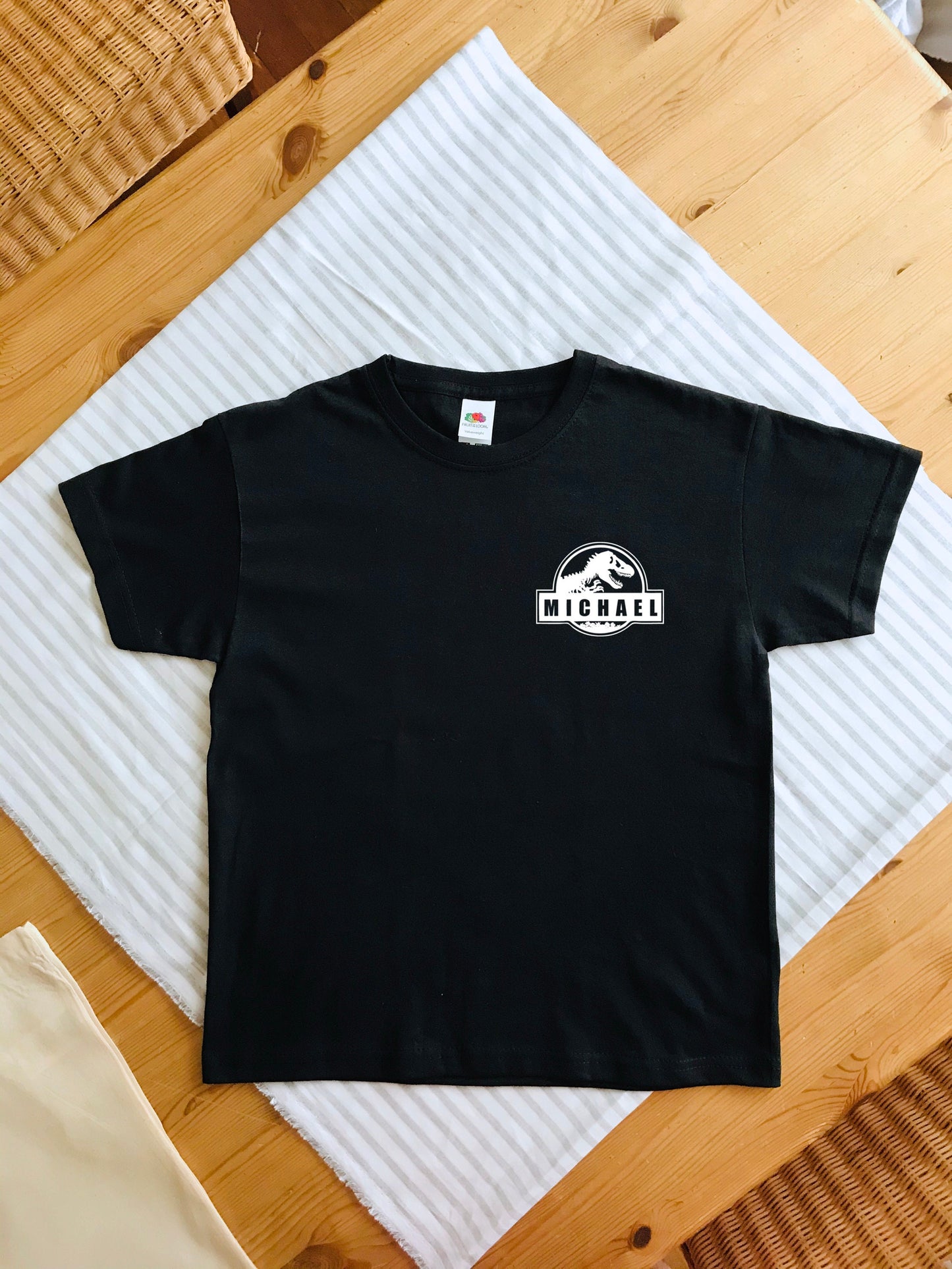 Custom name Dinosaur print Kid's unisex T-shirt with size variations / print to order / black or white tee / Dinosaurs / kids