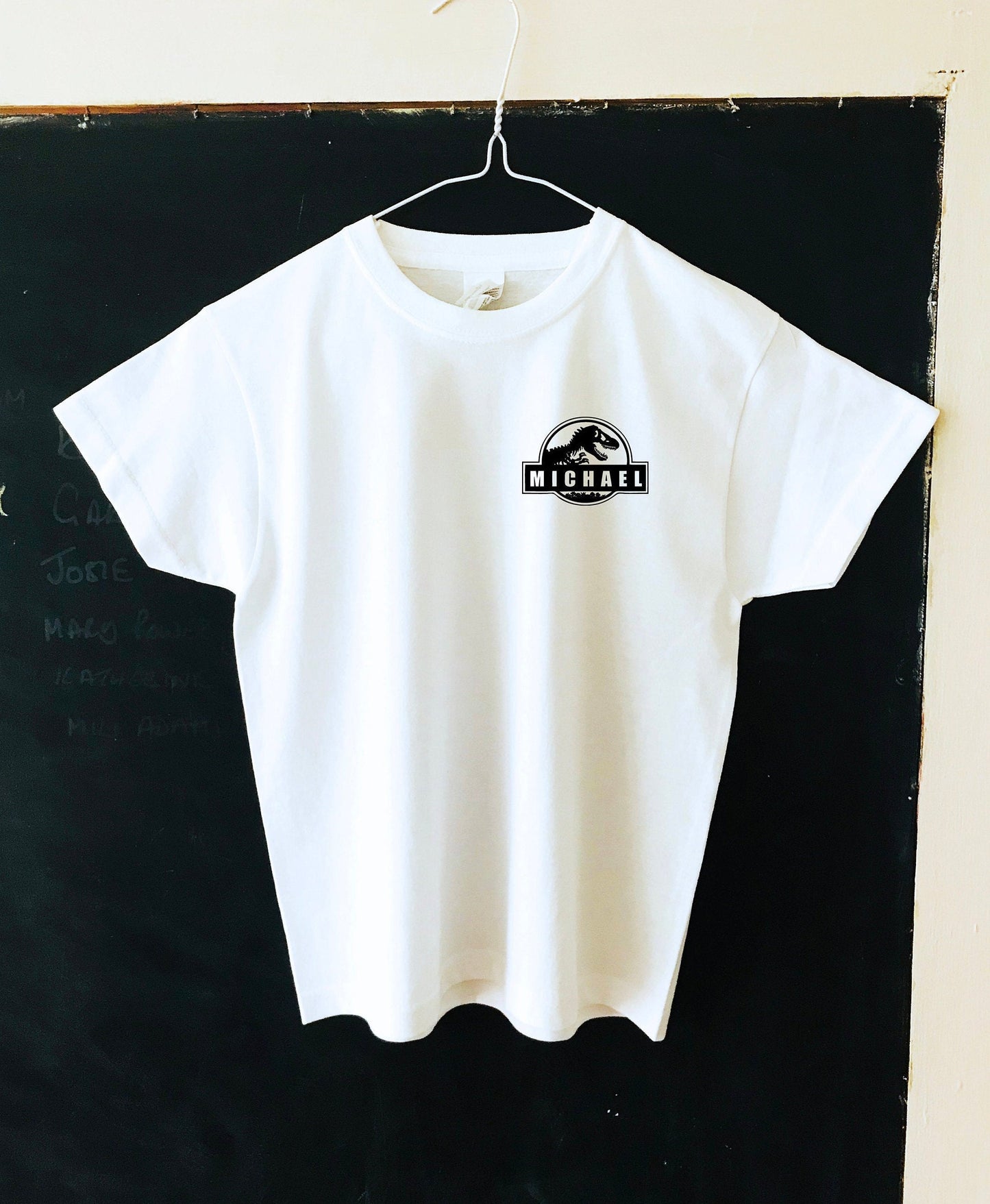 Custom name Dinosaur print Kid's unisex T-shirt with size variations / print to order / black or white tee / Dinosaurs / kids