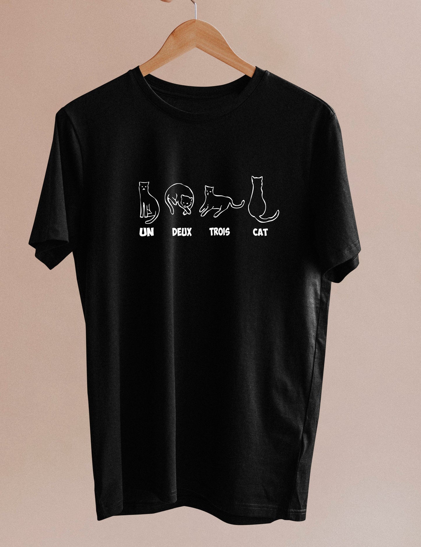 Un Deux Trois Cat print T-shirt, size variations, unisex, 100 % cotton, multiple colours, french, cat lovers, cute cat t-shirt