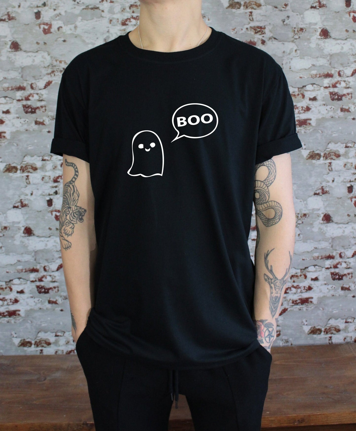 Friendly ghost saying boo print T-shirt with size variations, unisex, multiple colours, halloween, spooky, intsa, horror clothing