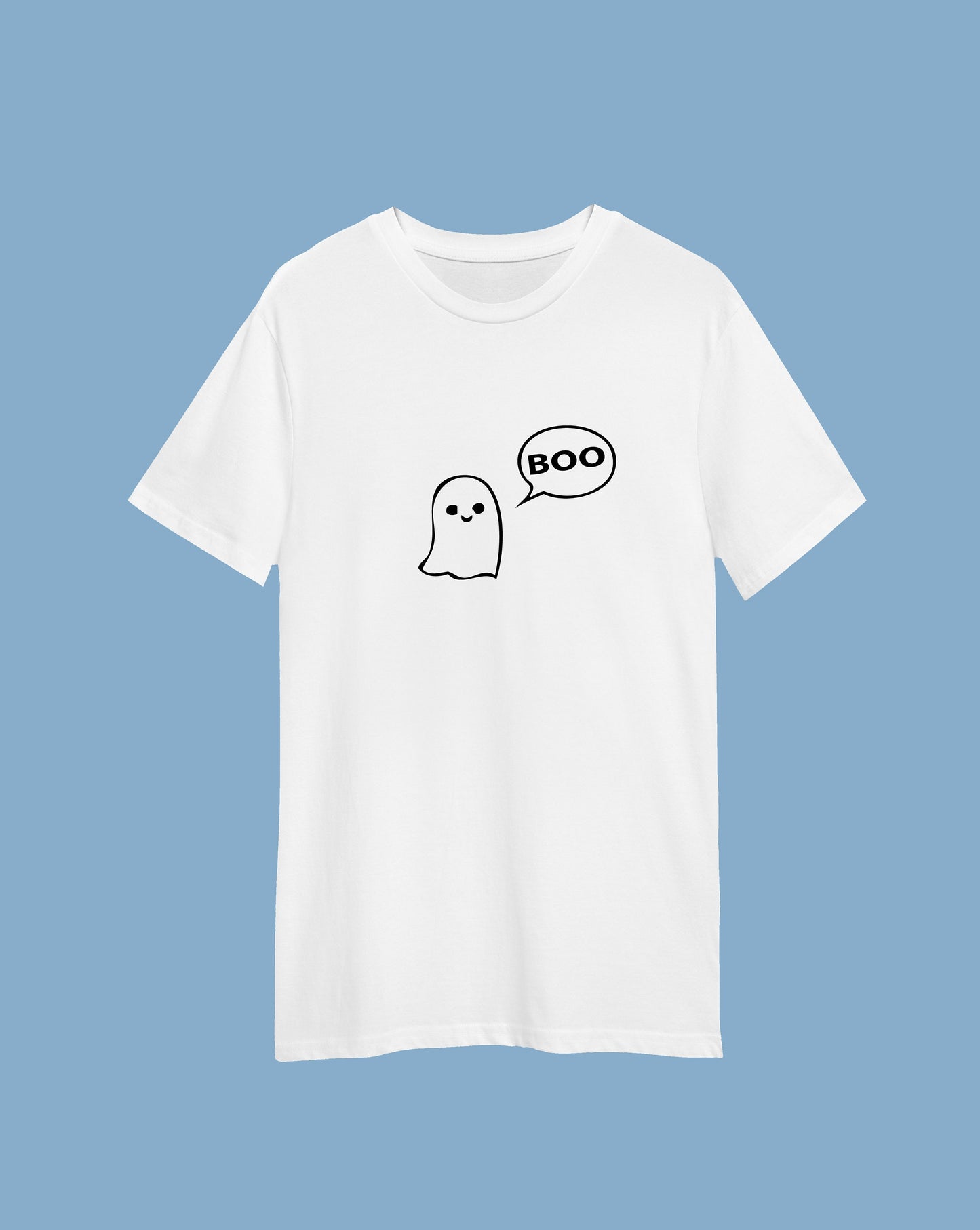 Friendly ghost saying boo print T-shirt with size variations, unisex, multiple colours, halloween, spooky, intsa, horror clothing