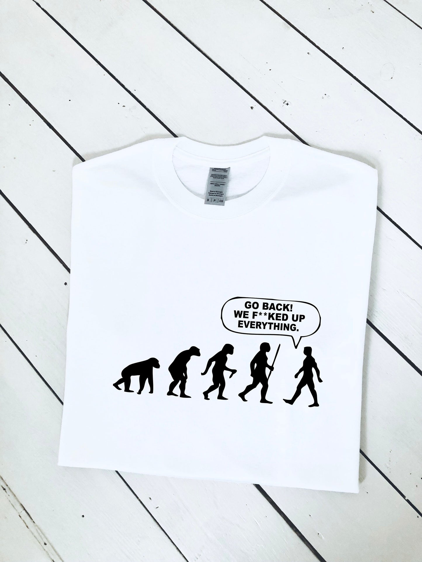 Evolution of humans, we f**cked up everything printed T-shirt, multiple sizes and colours, mens & womens top, funny shirt, go green :)