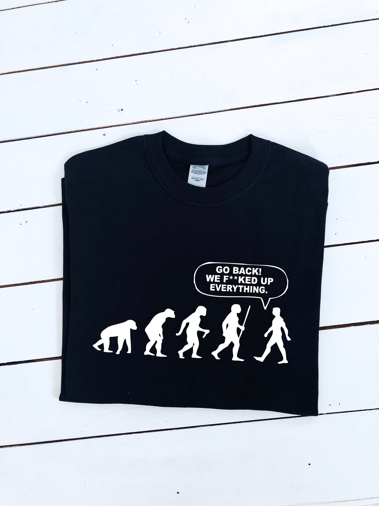 Evolution of humans, we f**cked up everything printed T-shirt, multiple sizes and colours, mens & womens top, funny shirt, go green :)