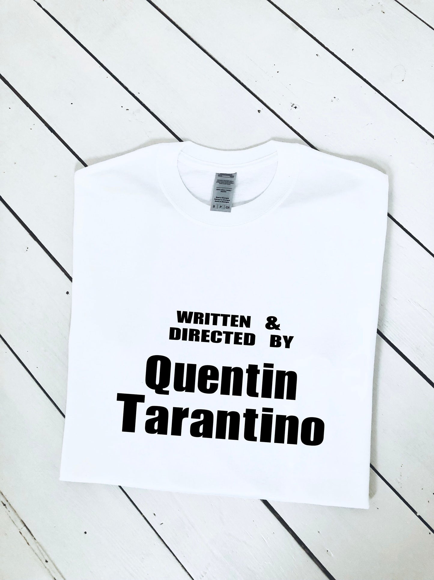Written and directed by Quentin Tarantino printed T-shirt, movie gift idea, multiple colours and sizes, unisex and ladies tees, fan gift