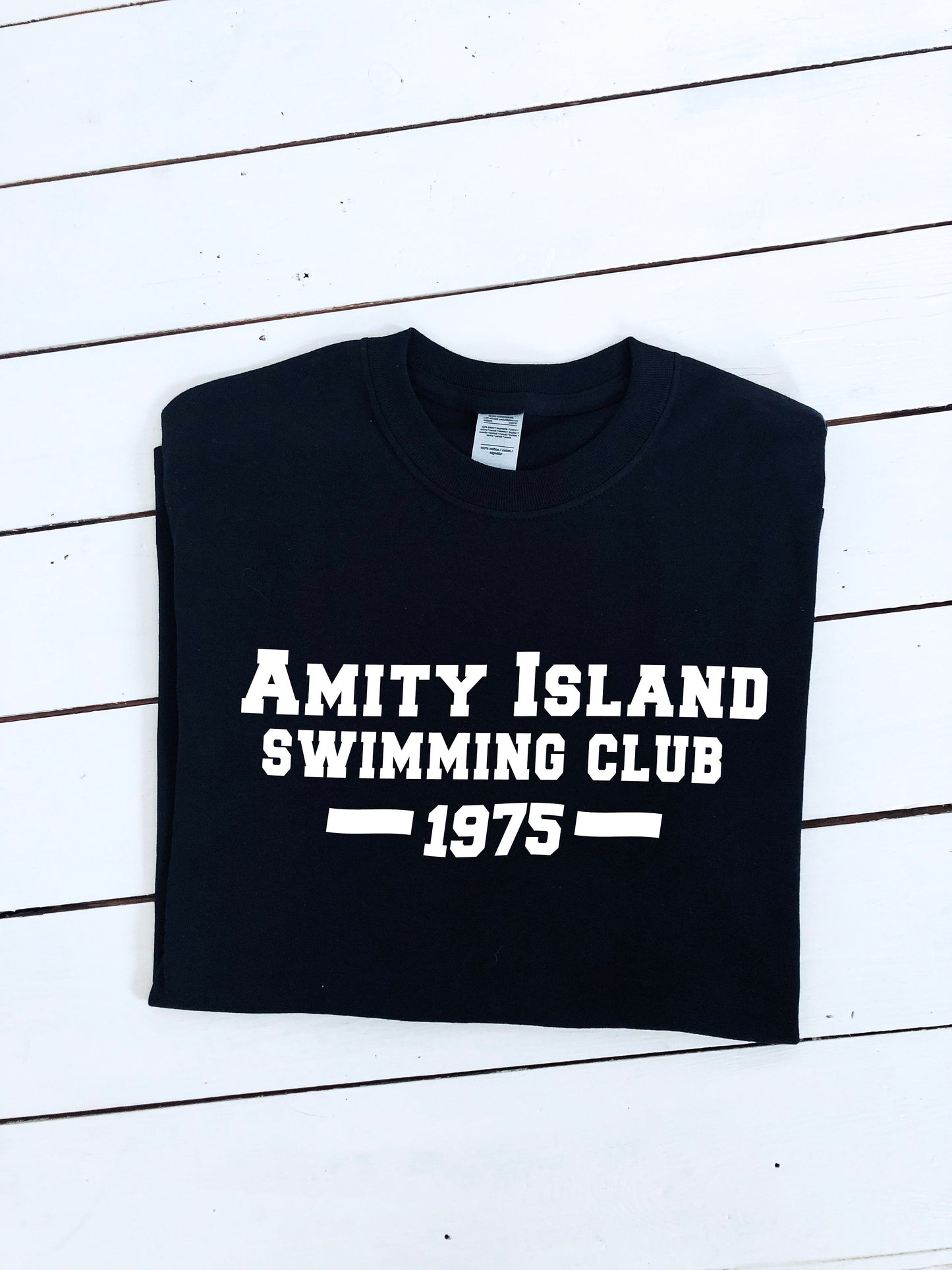 Amity Island Swimming club 1975 Jaws print unisex T-shirt, movie gift halloween clothing, horror, halloween, unisex and women's sizes, gift