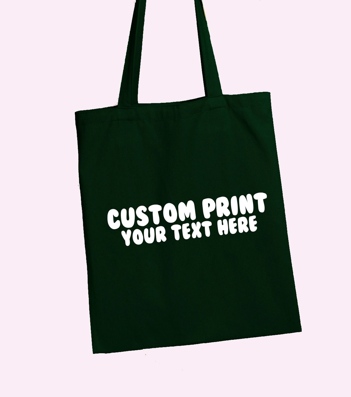 A black tote shoulder bag with a 'custom print your text here' design located on its centre.