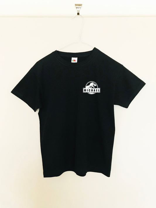Custom name Dinosaur print Kid's unisex T-shirt with size variations / print to order / black or white tee / Dinosaurs / kids