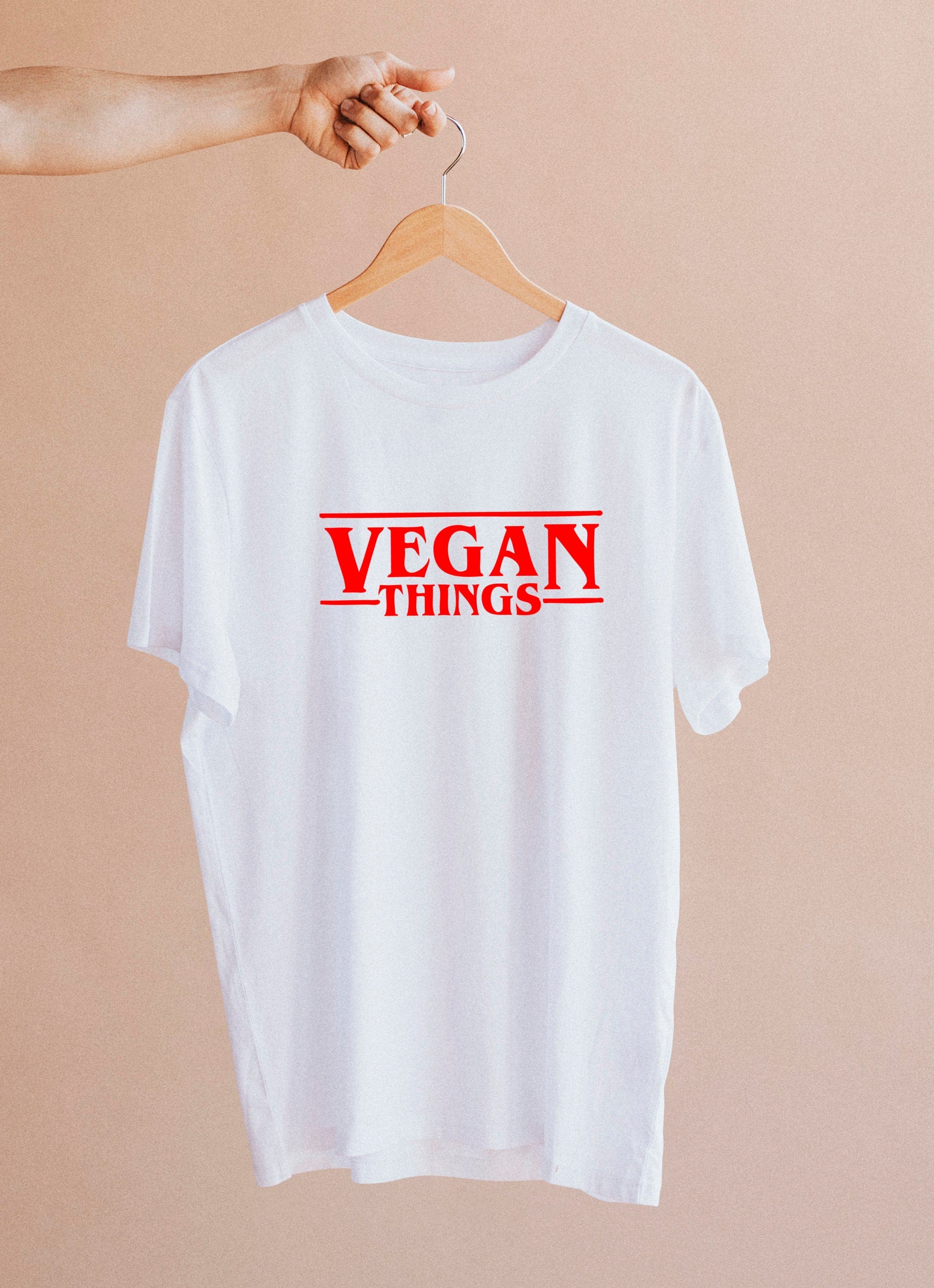 Vegan Things print cotton T-shirt, size variations, unisex, 100 % cotton, multiple colours, stranger things parody, herbivore, summer tee