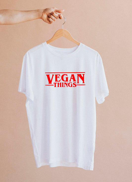 Vegan Things print cotton T-shirt, size variations, unisex, 100 % cotton, multiple colours, stranger things parody, herbivore, summer tee