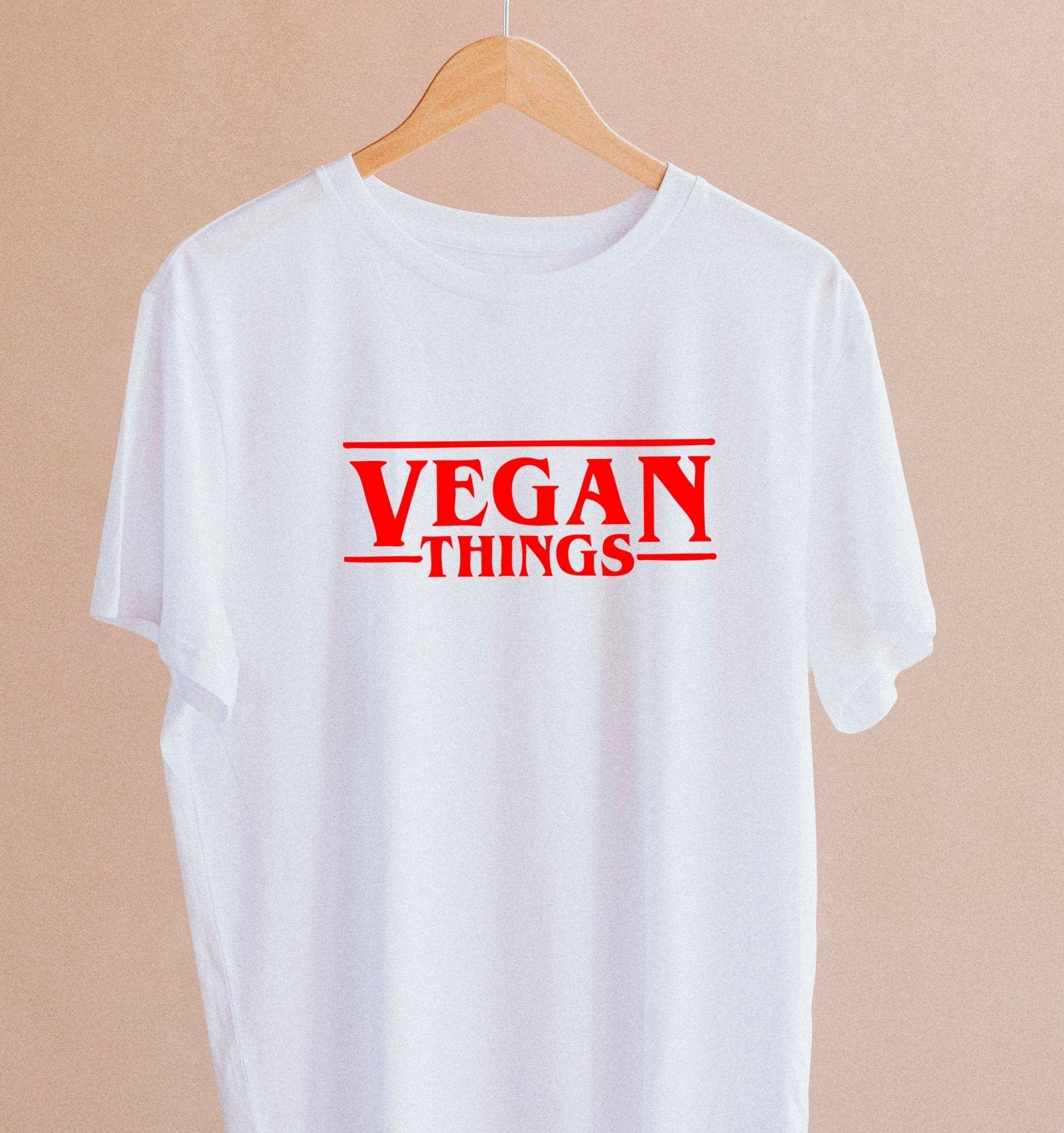 Vegan Things print cotton T-shirt, size variations, unisex, 100 % cotton, multiple colours, stranger things parody, herbivore, summer tee
