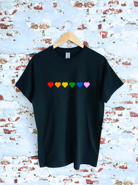 Rainbow Lovehearts print T-shirt with size variations, unisex, LGBT flag, multiple colours, LGBT, Pride, equality, insta, tumblr