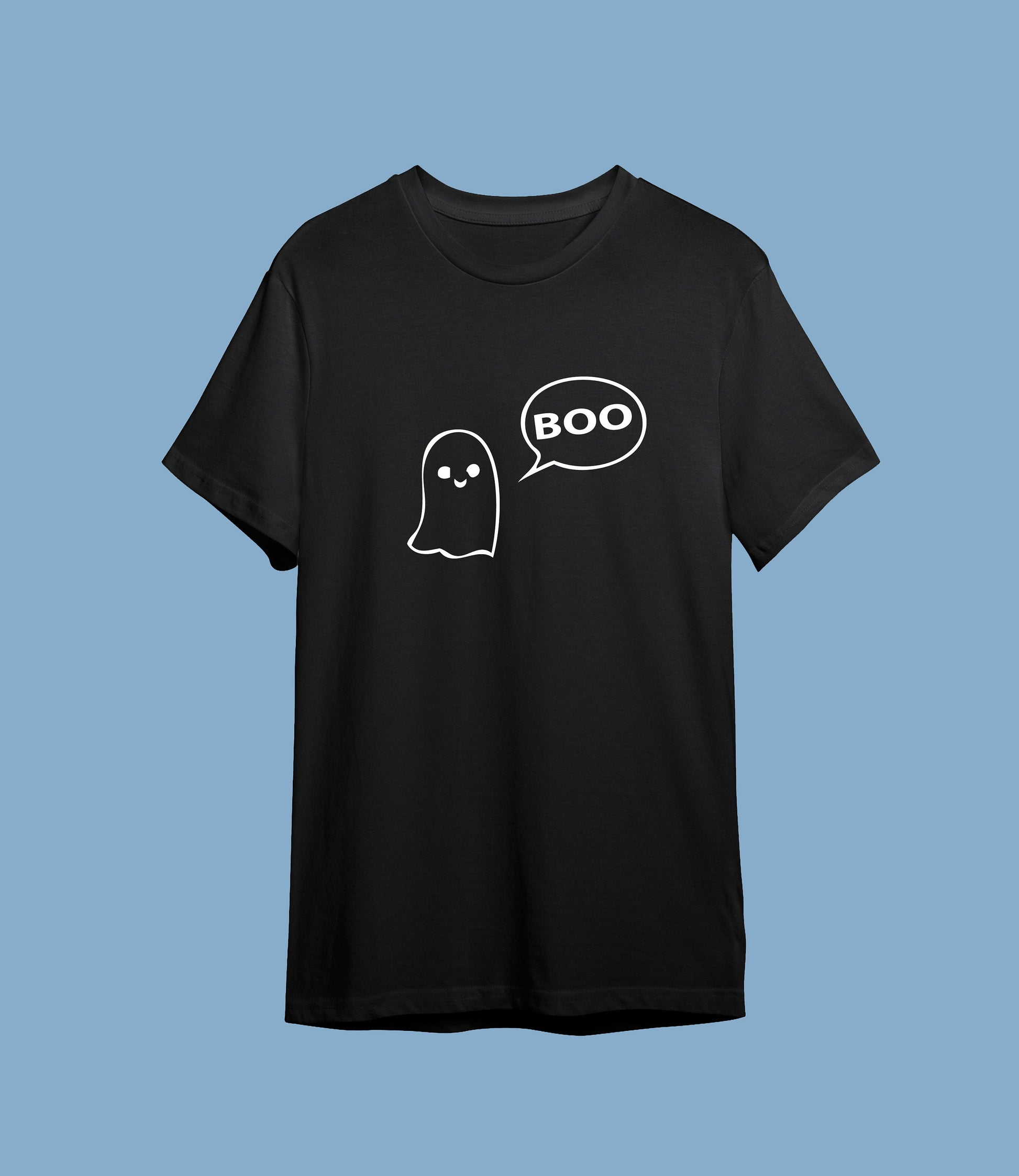 Friendly ghost saying boo print T-shirt with size variations, unisex, multiple colours, halloween, spooky, intsa, horror clothing