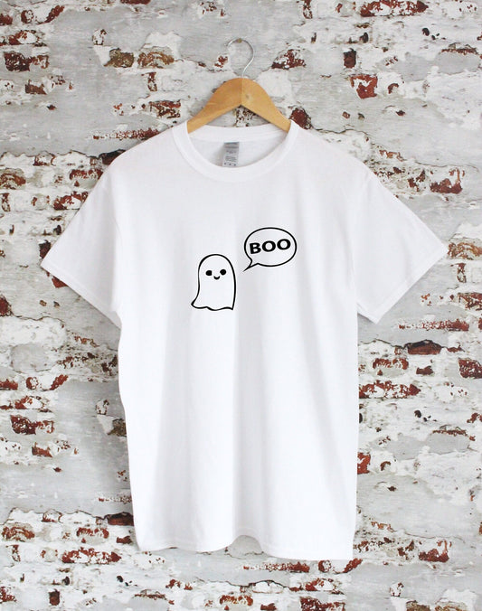 Friendly ghost saying boo print T-shirt with size variations, unisex, multiple colours, halloween, spooky, intsa, horror clothing