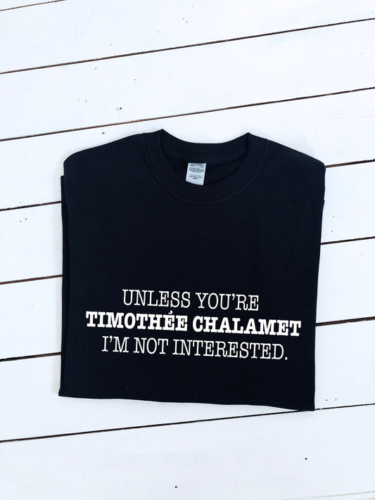 Unless you're Timothee Chalamet I'm not interested slogan printed T-shirt, multiple sizes and colours, womens top