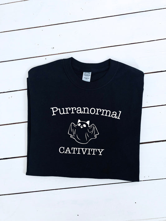Purranormal Cativity printed T-shirt, multiple size + colours, cute halloween gift, funny t-shirt, spooky season, men and womens top