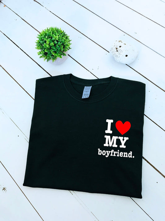I Love my Boyfriend print T-shirt, loveheart, girlfriend and boyfriend, valentine's day gift, unisex, multiple colours and sizes