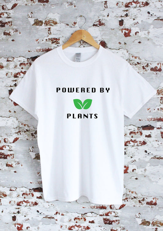 Powered by plants printed T-shirt, multiple sizes and colours, mens & womens top, animal rights, go vegan, plants are friends, plant gift