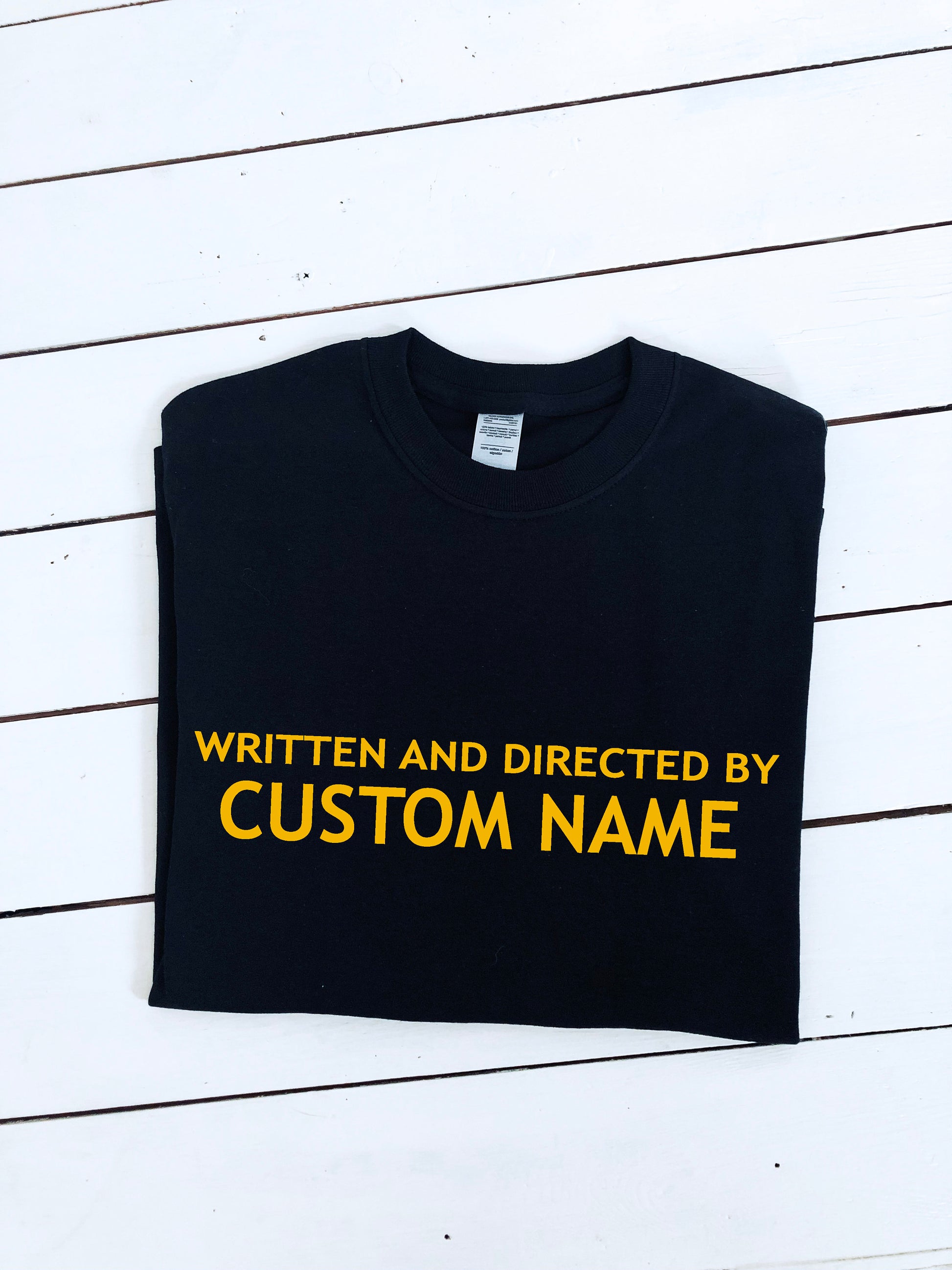 Written and Directed by Custom name T-shirt, multiple colour tees, mens and womens sizes, movie clothing, film school, director, gift idea