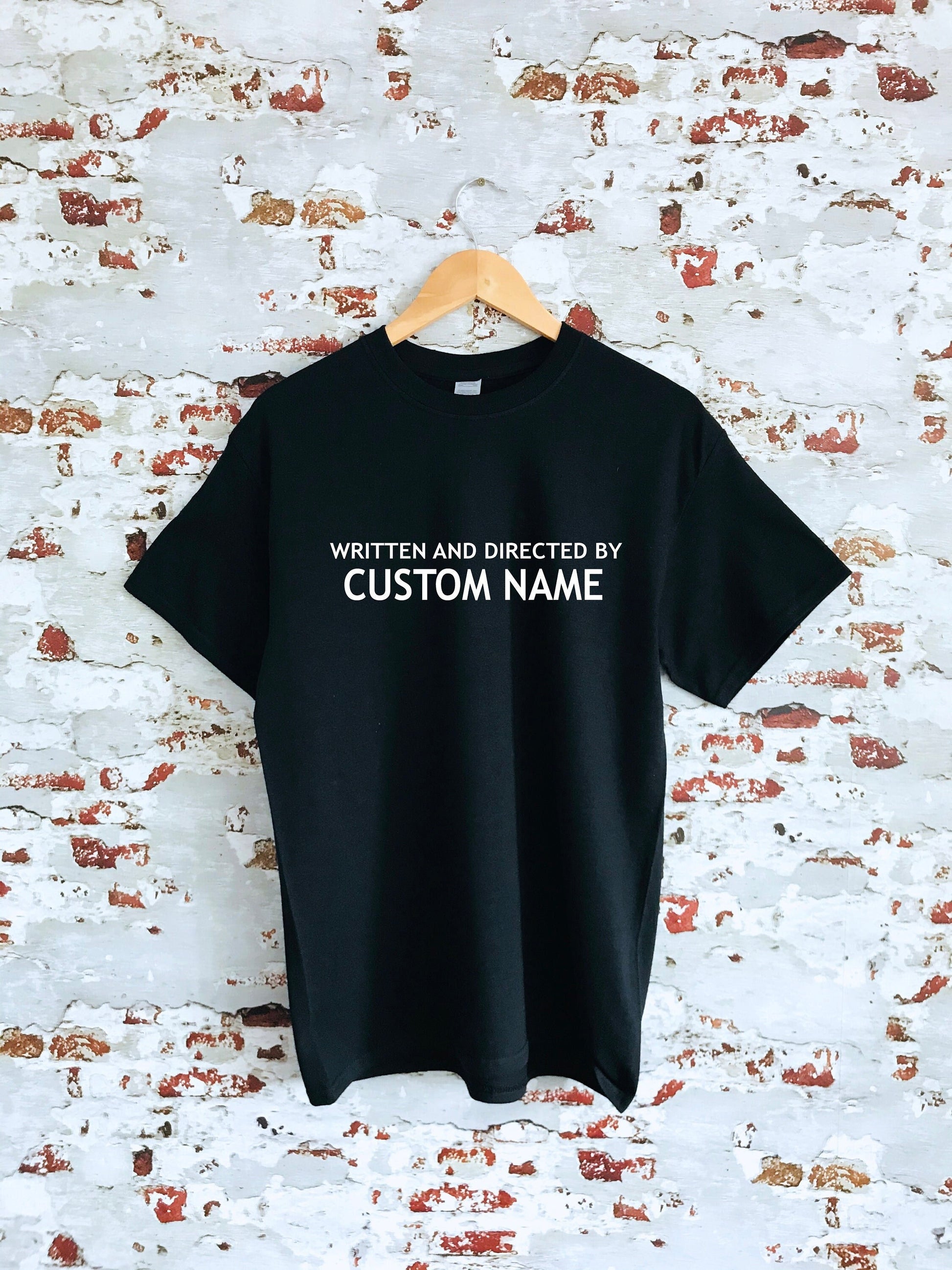 Written and Directed by Custom name T-shirt, multiple colour tees, mens and womens sizes, movie clothing, film school, director, gift idea