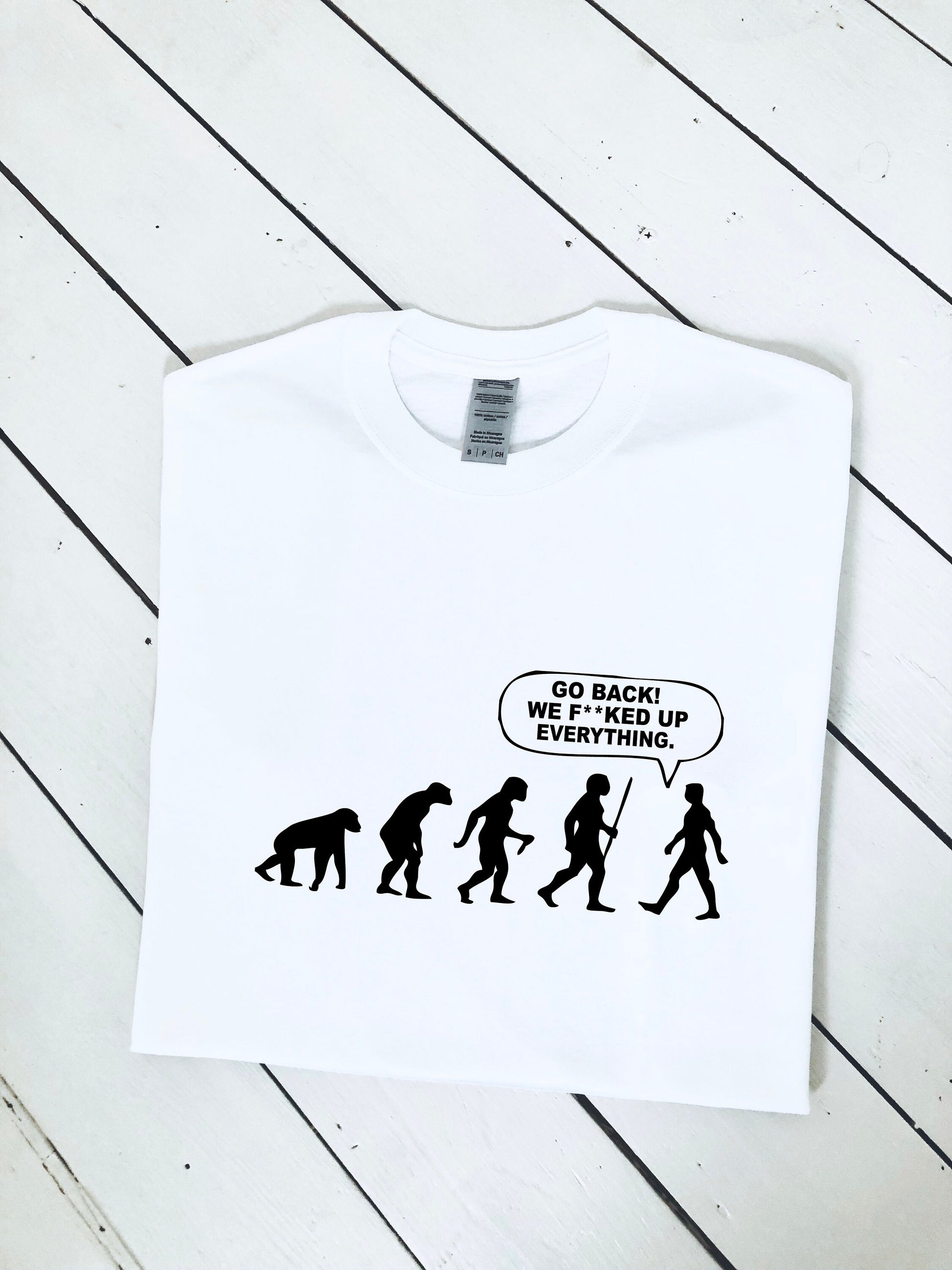 Evolution of humans, we f**cked up everything printed T-shirt, multiple sizes and colours, mens & womens top, funny shirt, go green :)