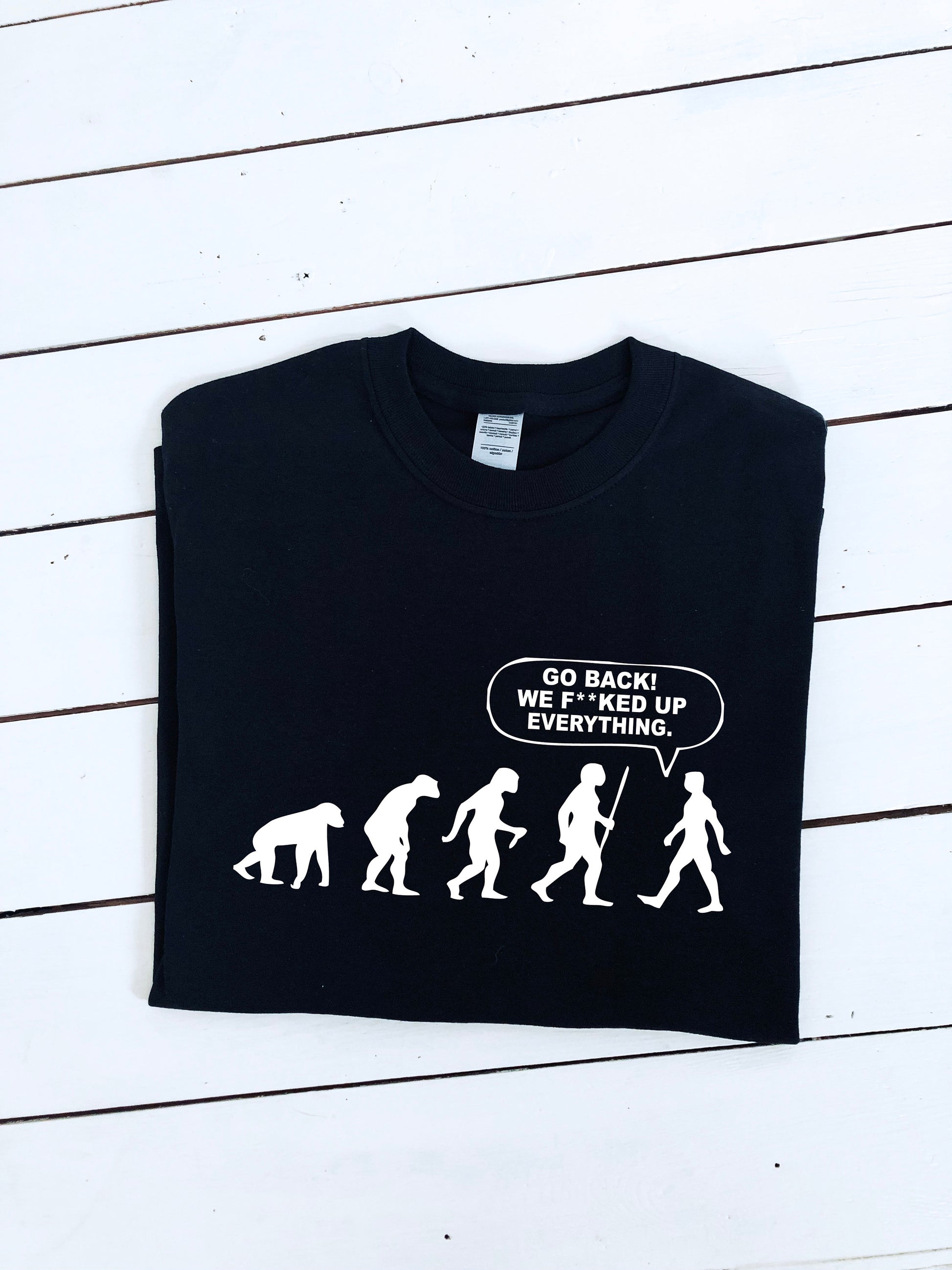 Evolution of humans, we f**cked up everything printed T-shirt, multiple sizes and colours, mens & womens top, funny shirt, go green :)
