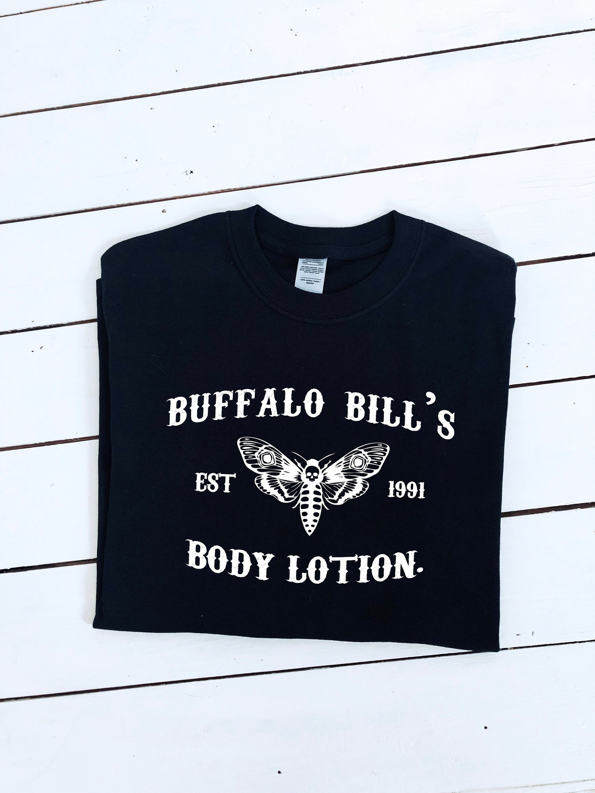 Buffalo Bill's body lotion est 1991 print unisex T-shirt, halloween clothing, horror, halloween costume, women's sizes, horror fan, insta