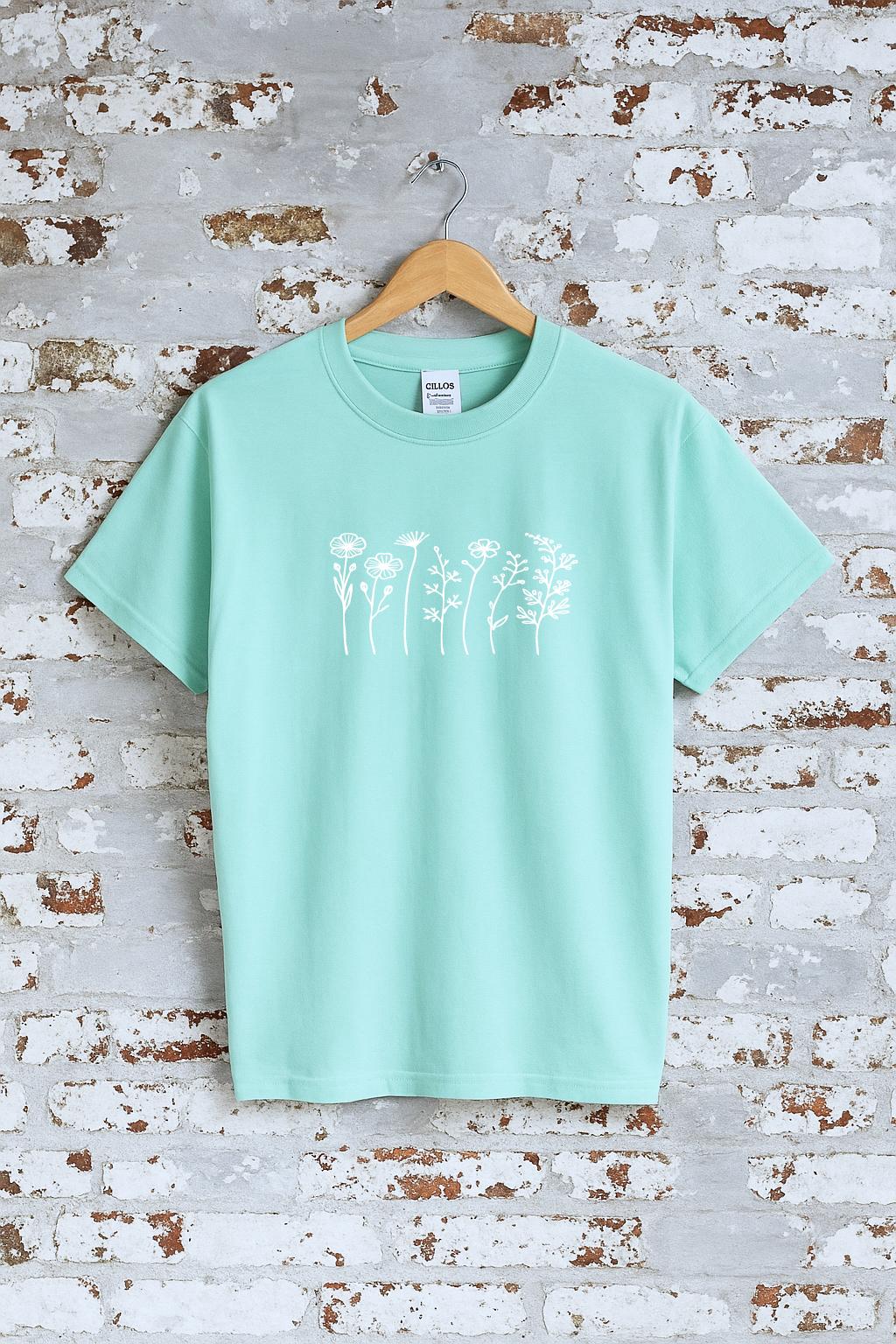 Wildflowers illustration print T-shirt, heavy cotton, unisex and women's sizes, spring, summer, flowers, garden, insta Shirt