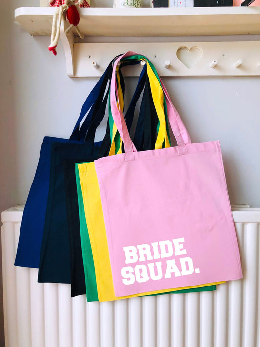 Bride Squad printed Tote Shoulder bag, multiple colours to choose from, 100% cotton, handmade, printed, great for hen do & wedding gift